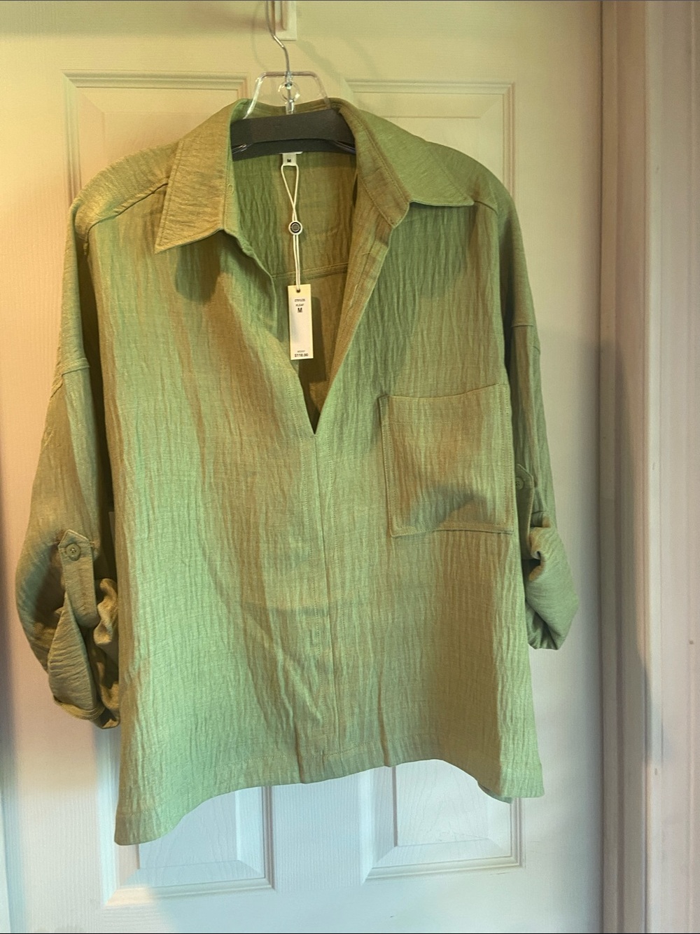 Max Studio Sage Green Relaxed V-Neck Button-Tab Sleeve Blouse
